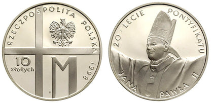 10 zł Jan Paweł II 20-lecie Pontyfikatu 1998